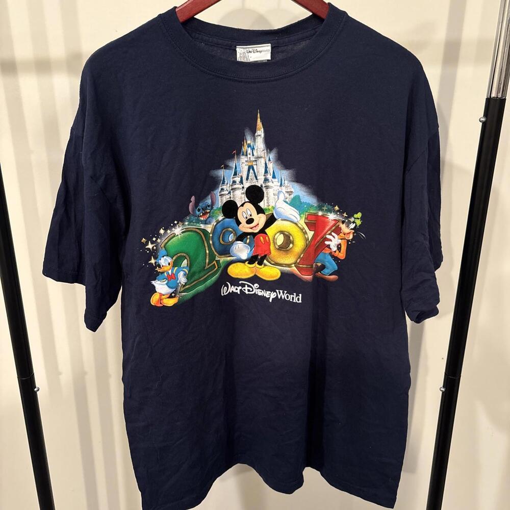 Disney World 2007 Mickey Mouse Goofy Donald Duck XL Navy Graphic T-Shirt